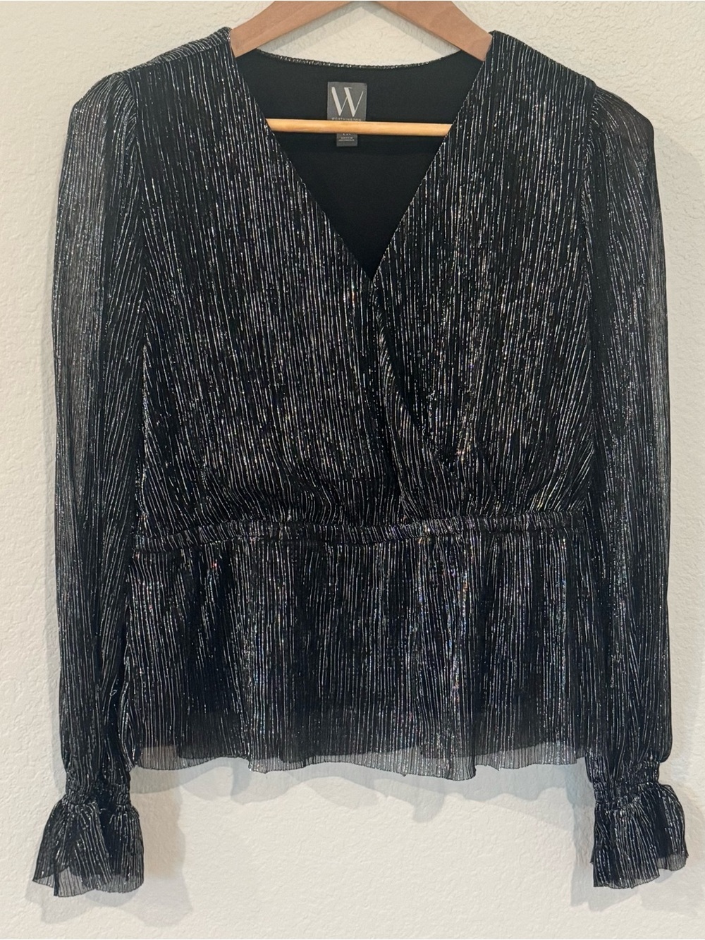 Worthington Black Metallic Stripe Peplum Wrap Top Size PM